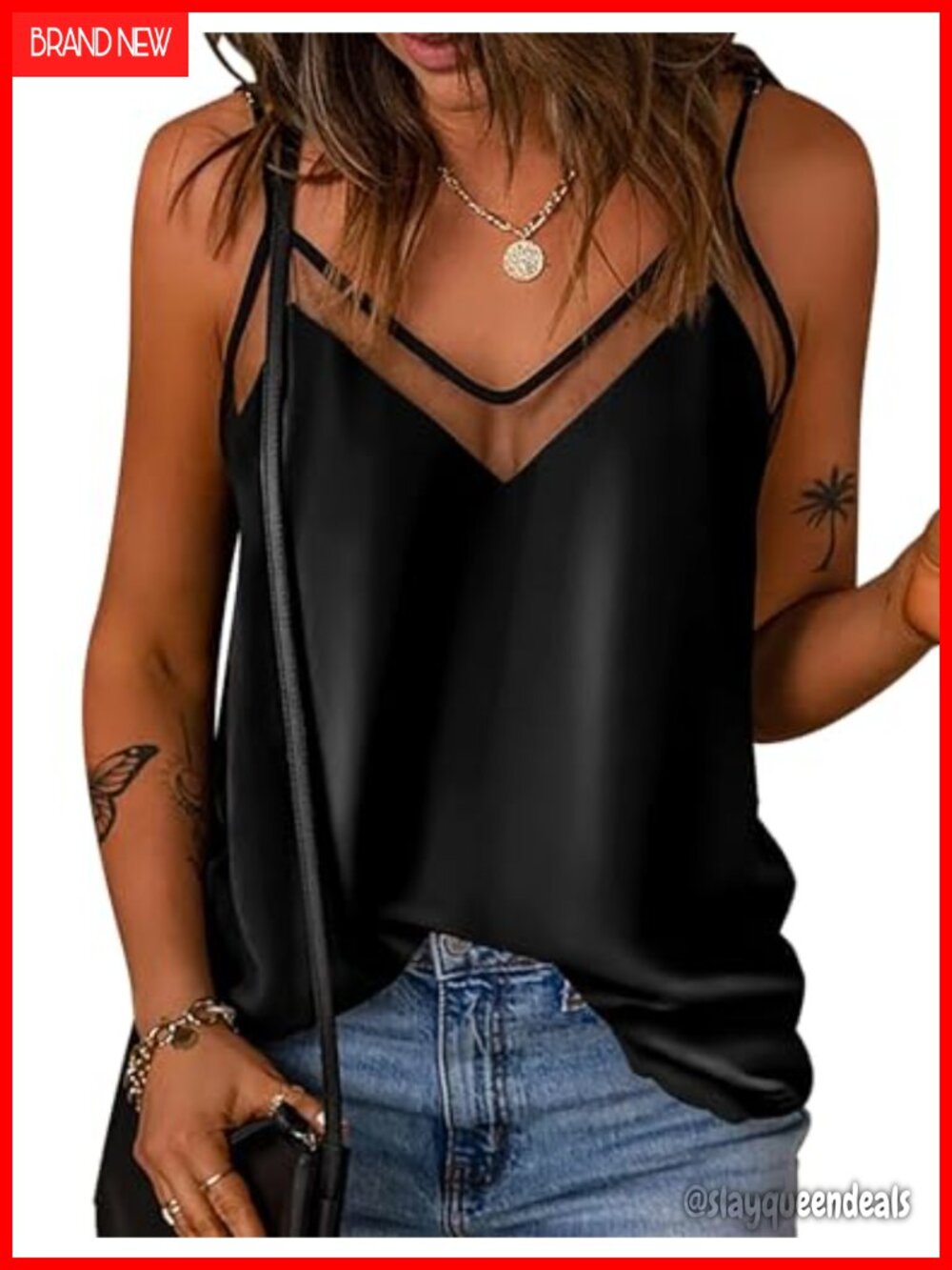 Satin Mesh V Neck Camisole Tank Top Sleeveless Cami
